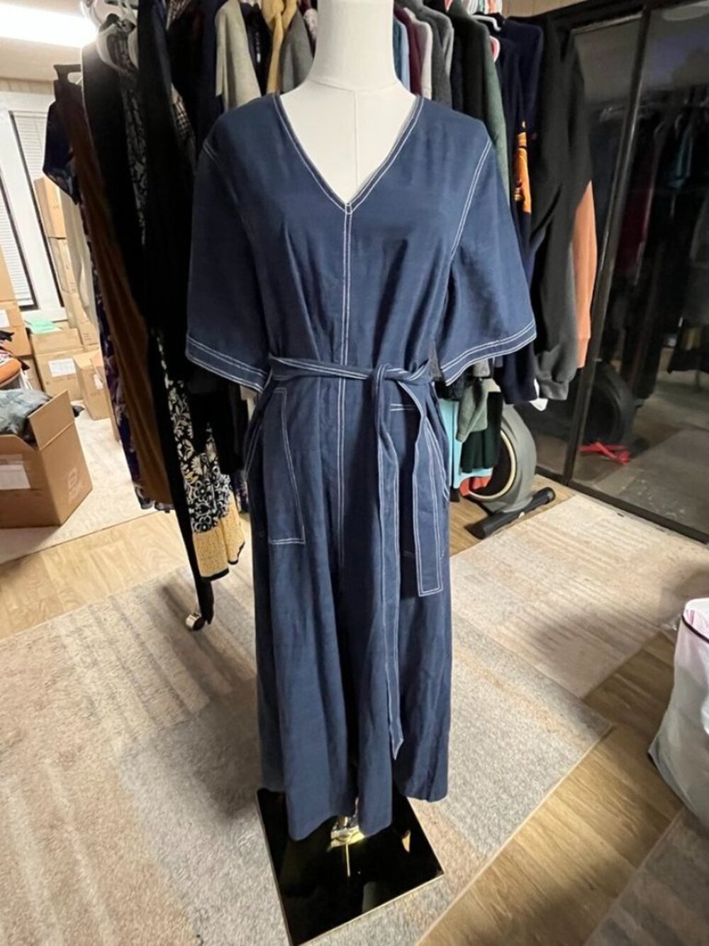 Petal & Pup Kade Midi Dress Blue Cotton Tie Waist Pockets US M - Picture 3 of 11